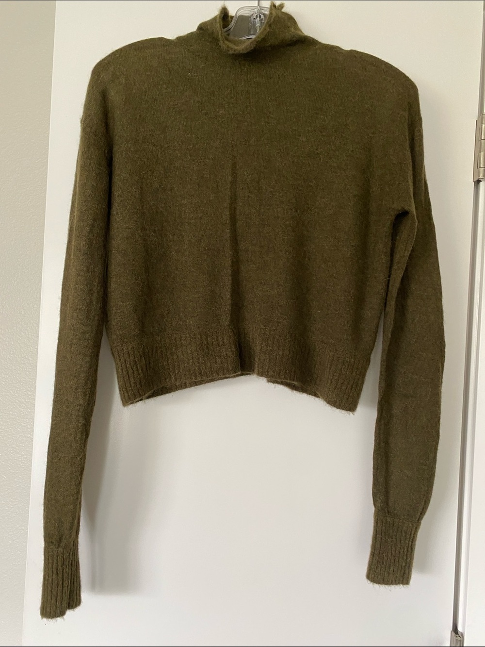 Zara Olive Alpaca Cashmere Nylon Softest Crop Mock Neck Fine Knit Sweater S